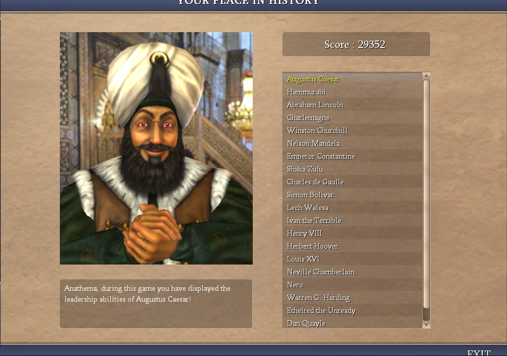 Anathema, during this game you have displayed the leadership abilities of Augustus Caesar! Score: 29352 picture: Suleiman