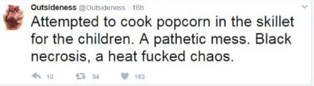 Attempted to cook popcorn in the skillet for the children. A pathetic mess. Black necrosis, a heat fucked chaos.