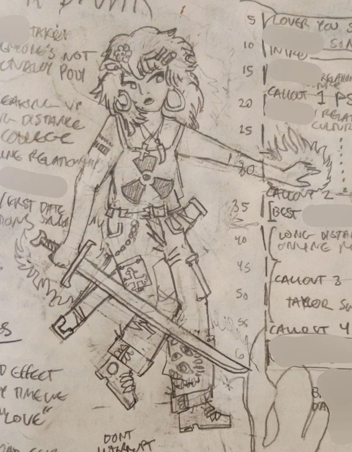drawing of a girl with a sword. she is wearing a tank top with the radioactive hazard symbol 