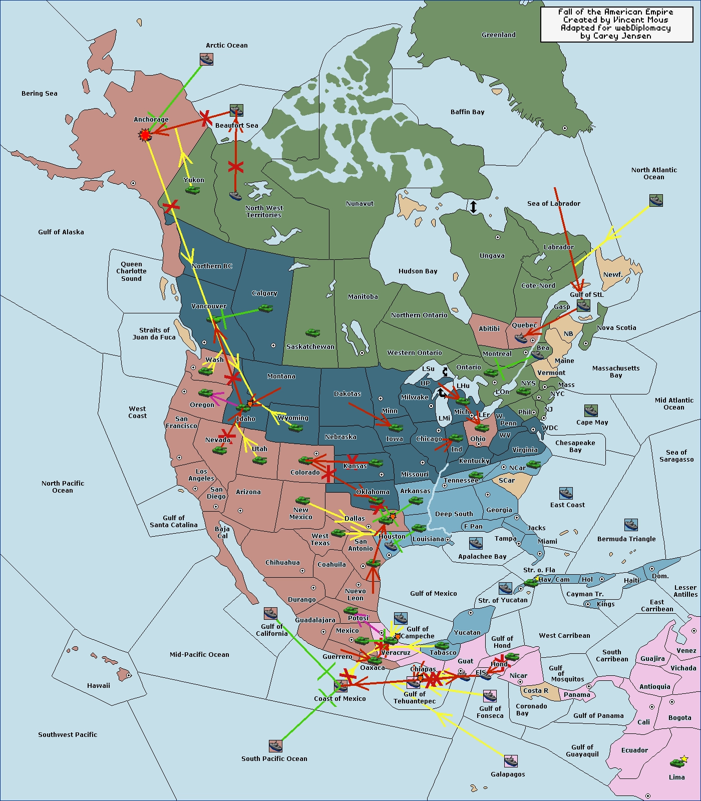 map of the game diplomacy set in a US map