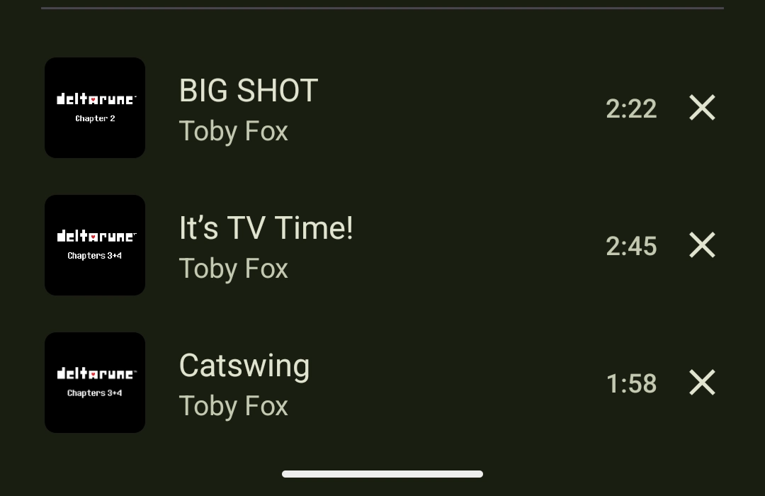queue of songs from DELTARUNE: BIG SHOT!, It's TV Time!, and Catswing