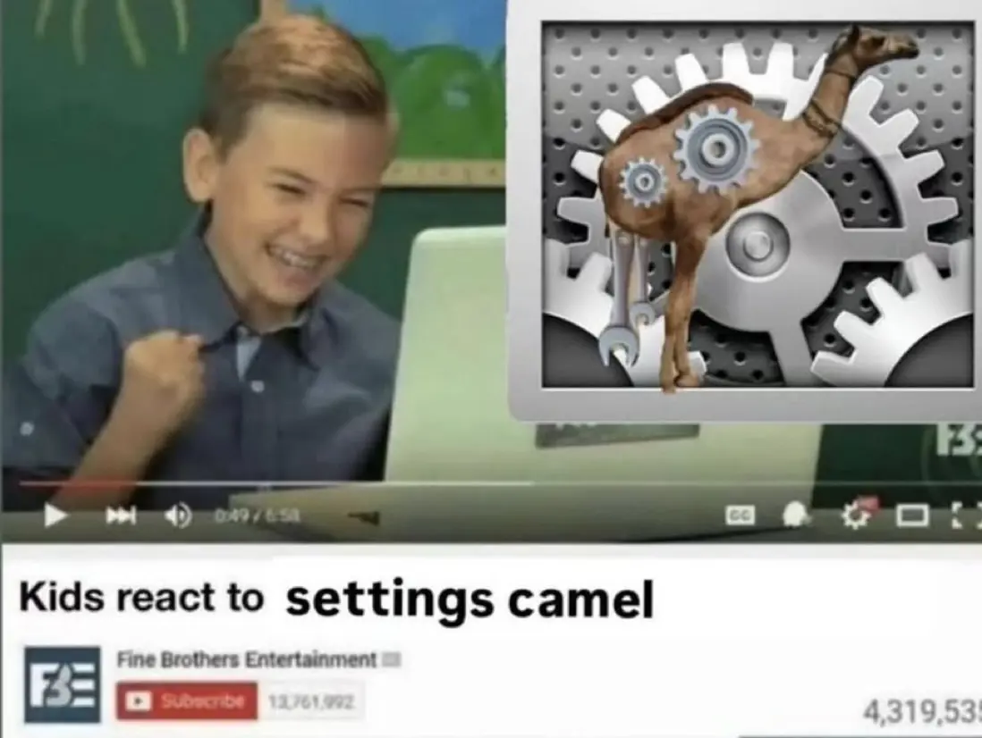 edit of a screenshot of a Kids react video. the title has been changed to “kids react to settings camel” and a kid is smiling looking at a camel surrounded by and containing gears