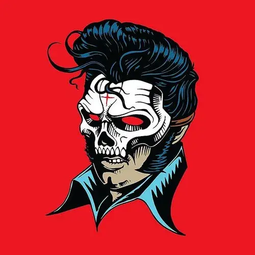 album cover for the album "hellvisback" by italian rapper Salmo. its a drawing of elvis s face with a skeleton mask on.