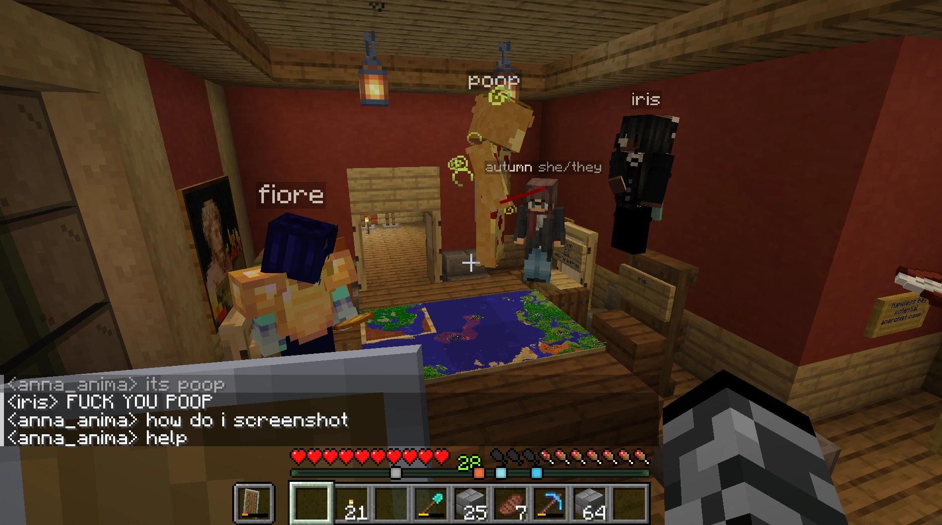 autumn, iris, fiore, anna, and poop clustered around a meeting table in minecraft. lena is present but out of frame. poop floats above the table. anna says "its poop". iris says "FUCK YOU POOP". anna says "how do i screenshot. help"