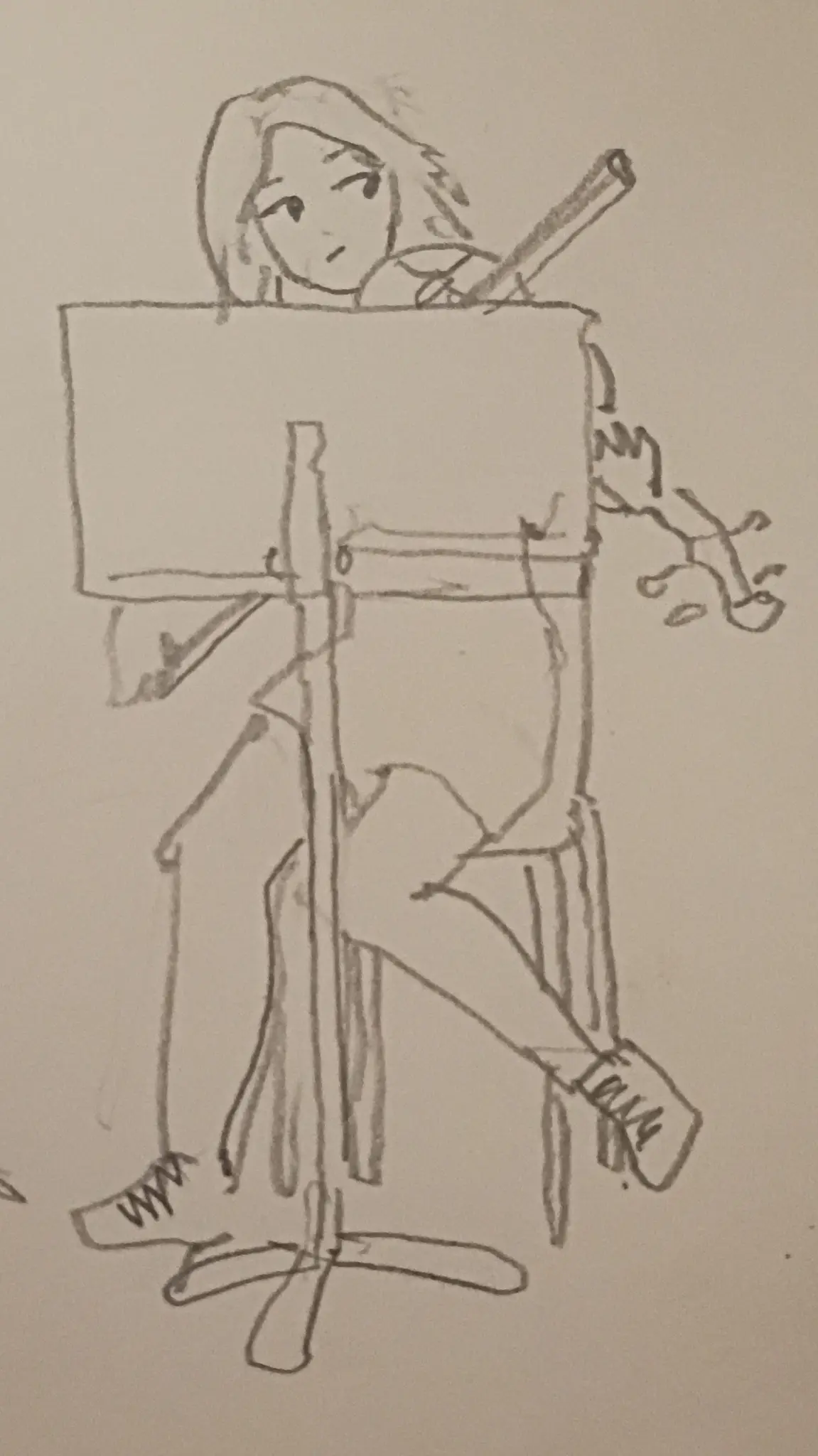 drawing of a girl playing the violin hiding behind a giant music stand