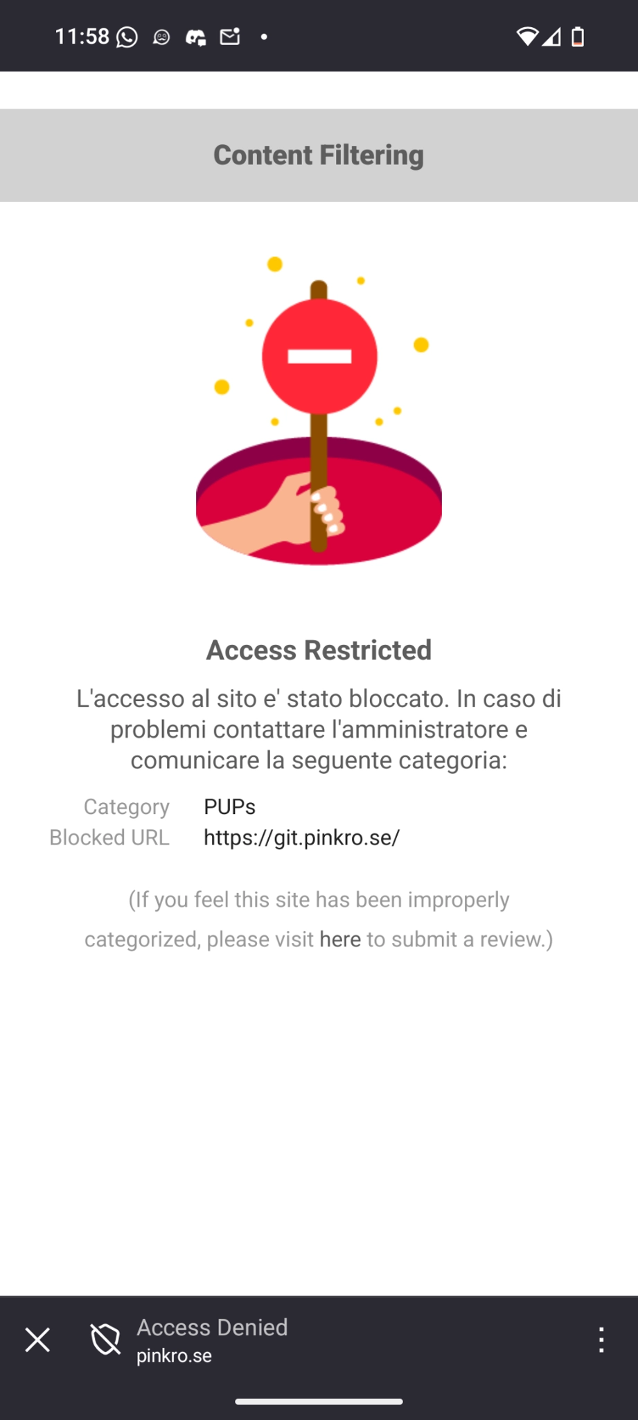 screenshot of a firewall block page saying that access was denied, reason: PUPs