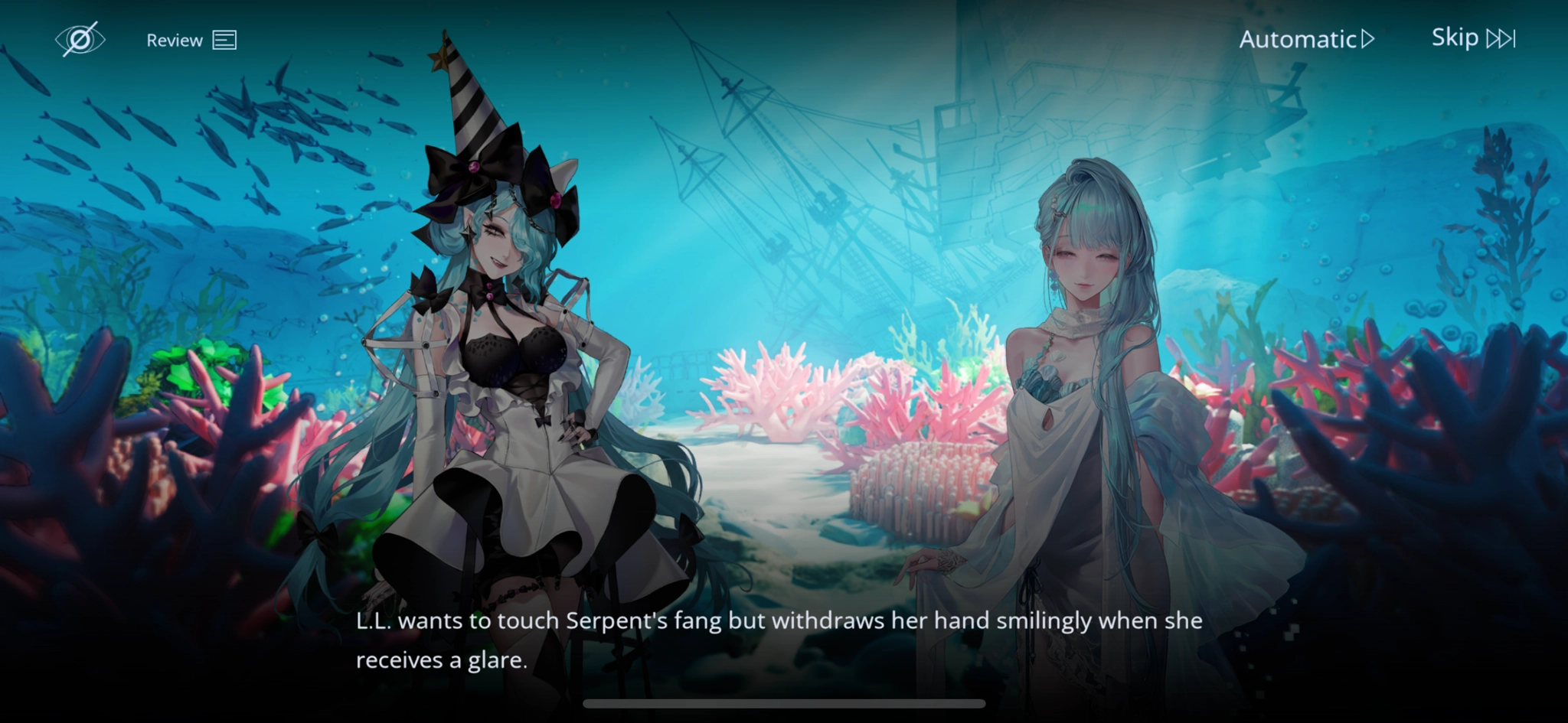 L.L. wants to touch Serpent's fang but withdraws her hand smilingly when she receives a glare.