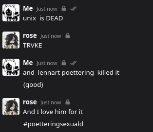 chat between me and rose, going on about unix being dead and poettering having killed it. we agree its good.