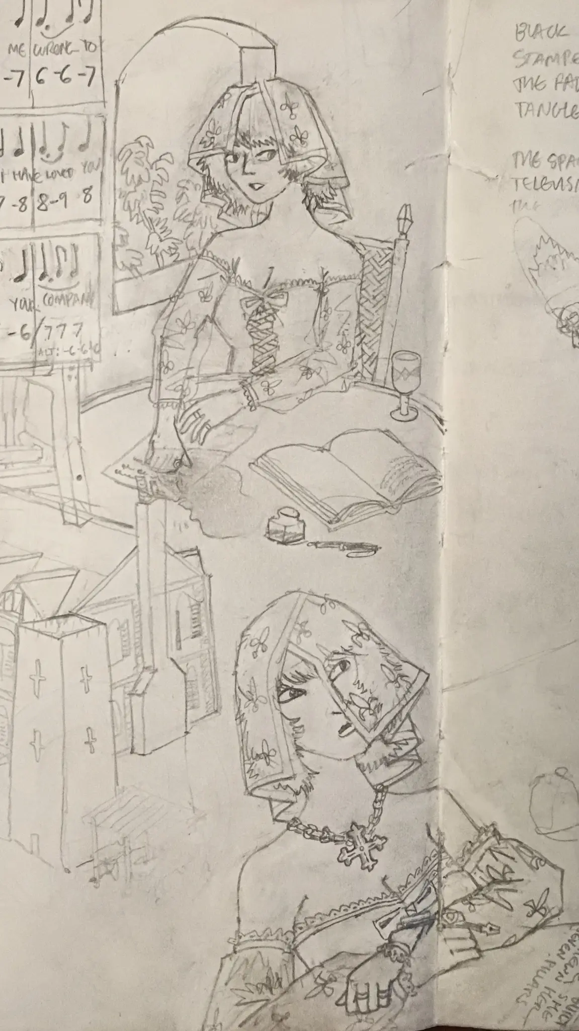 two drawings of a girl wearing a shoulderless dress & a veil. in one she has spilled ink on her paper. in the other she is pausing her writing to think.