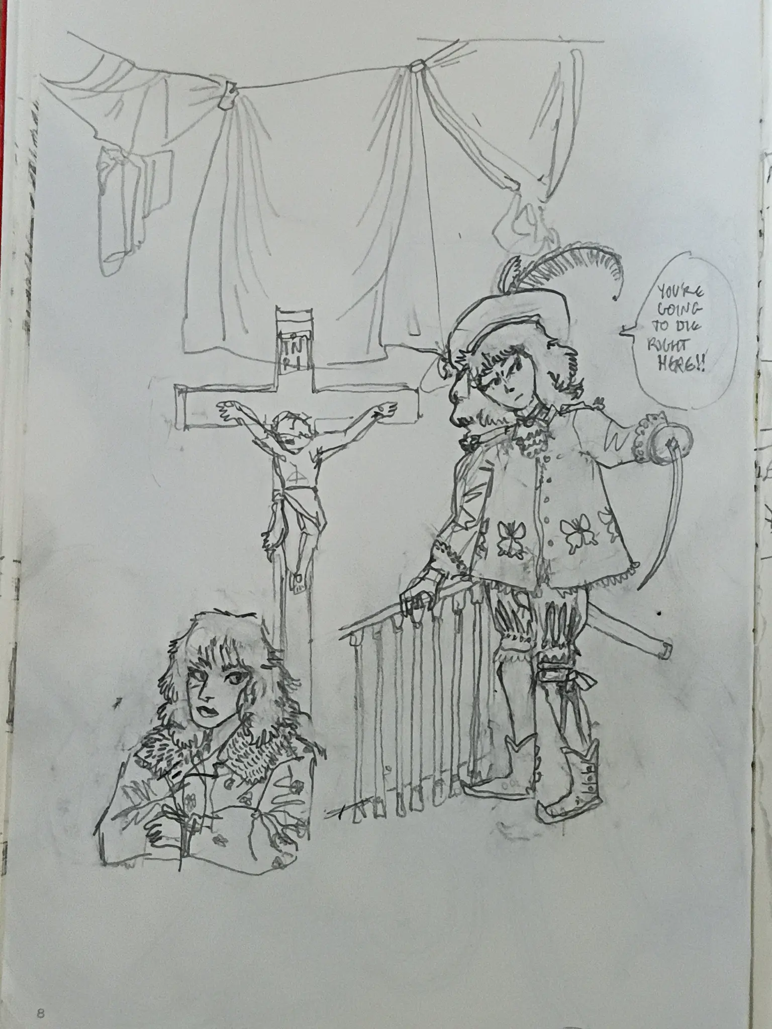 a doodle of a girl in a coat, a crucifix, and a man with a fancy coat & saber saying "you're going to die right here!"