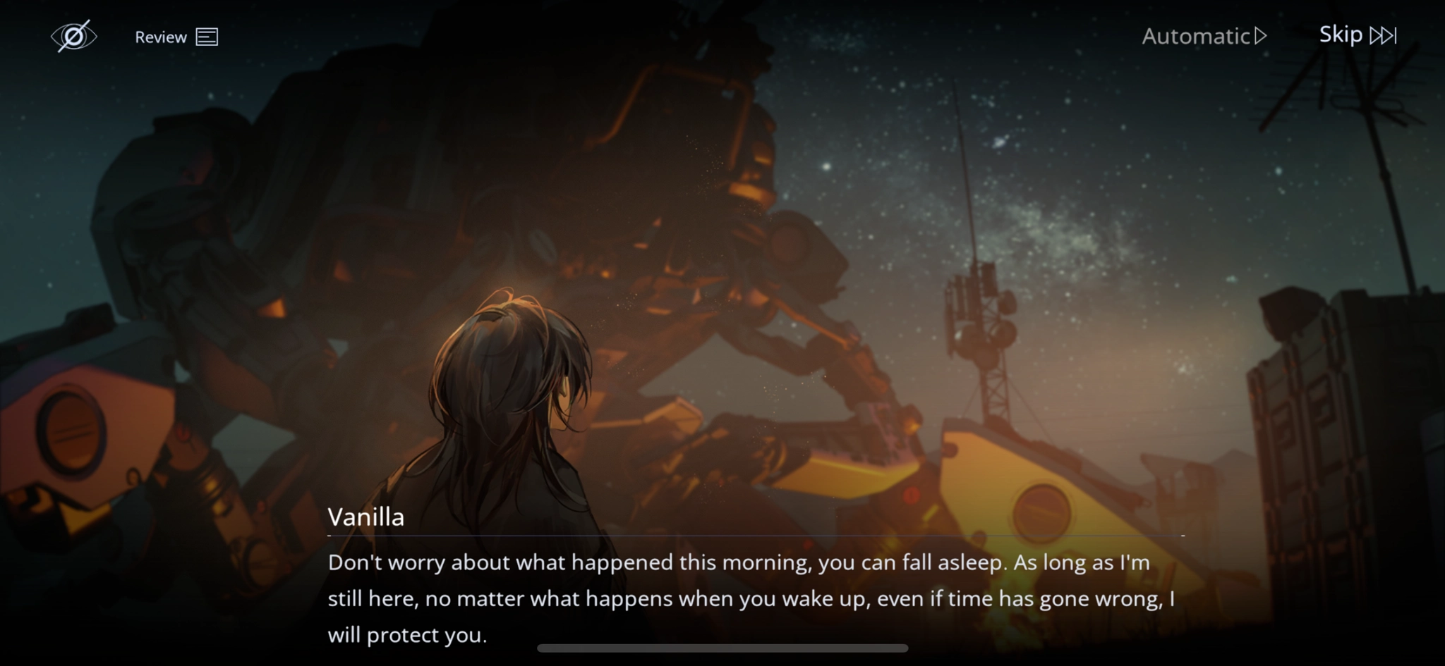 Vanilla: Don't worry about what happened this morning, you can fall asleep. As long as l'm still here, no matter what happens when you wake up, even if time has gone wrong, I will protect you.