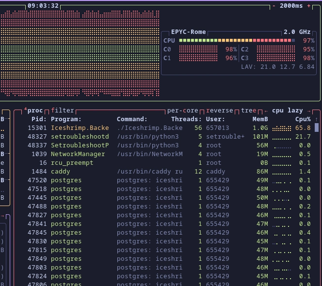 btop screenshot showing the instance struggling