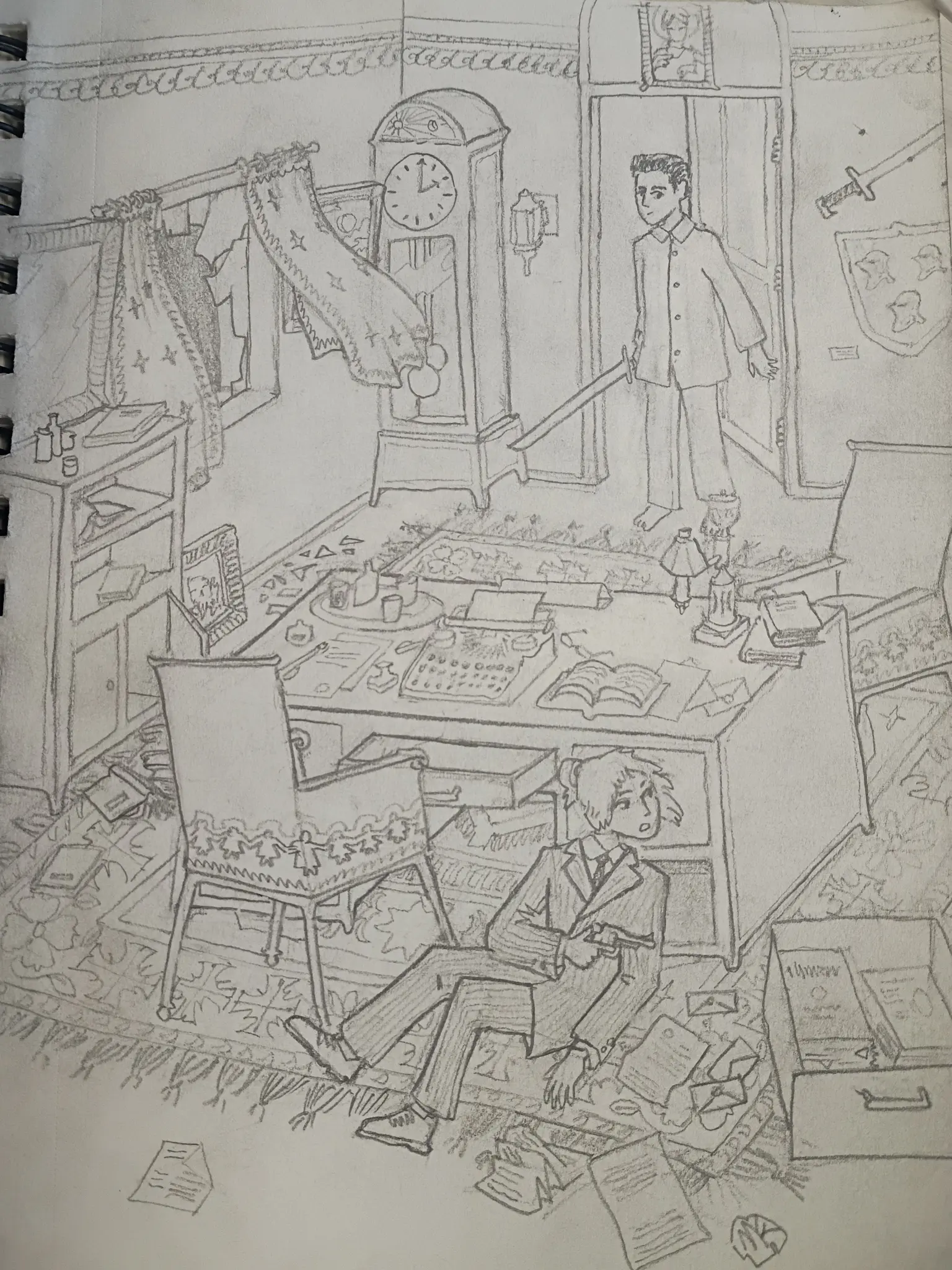 pencil sketch of a cluttered, ornate office. the room has a broken window and papers are strewn around the floor. there is a figure with a pistol hiding behind the desk. there is another figure with a sword standing in the open doorway.