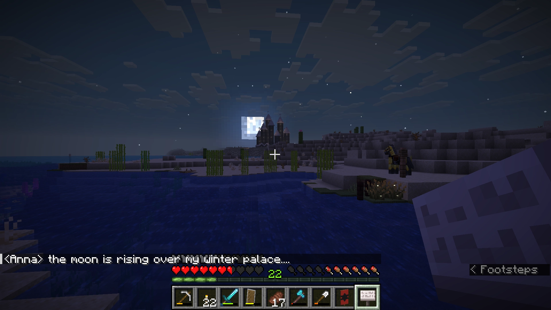 the moon is rising over my winter palace. anna says "the moon is rising over my winter palace...". the subtitle reads "footsteps"